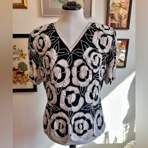 Vintage 1980s Black Silk Beaded Floral Top – Hand Beaded Sequin Evening Blouse
